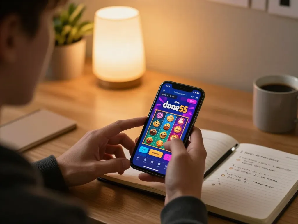 Player enjoying the done55 game on a smartphone, showcasing a vibrant slot interface in a cozy home setting.