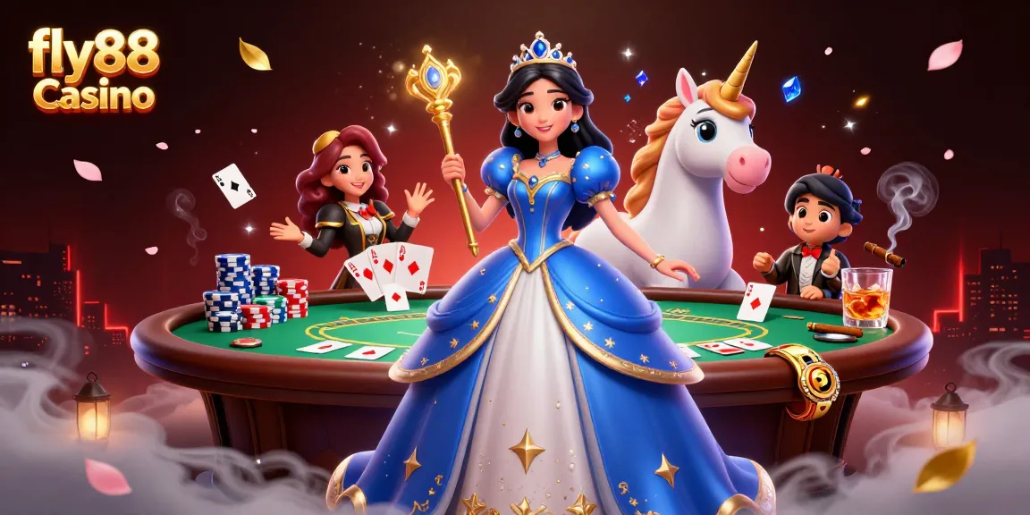 Experience the thrill at fly88 Casino with a stunning 3D scene of a regal woman and a unicorn amidst poker elements.