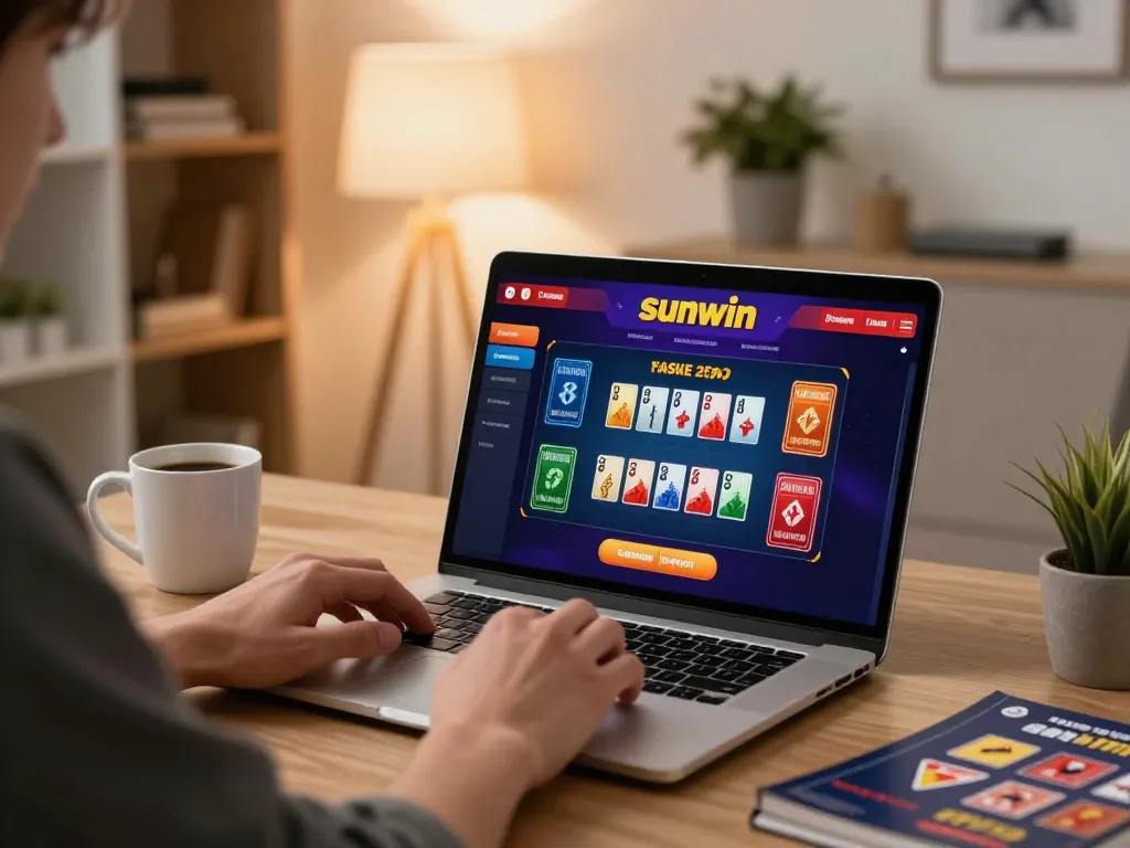 Engaging with sunwin platform for online casino gameplay in a cozy home setting.