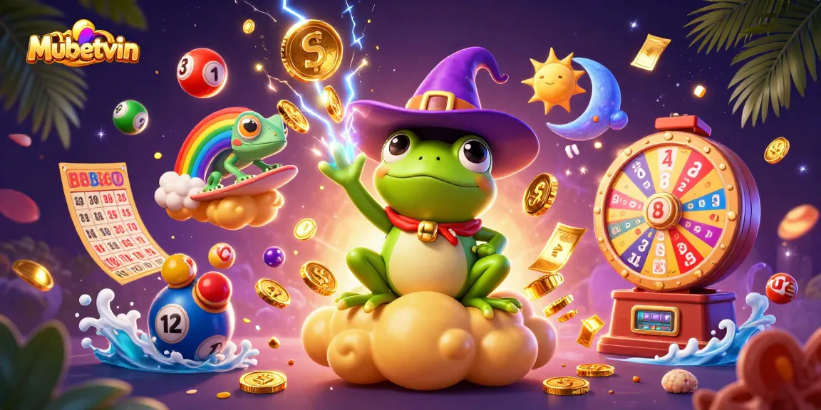 Mubetvin showcases a dynamic casino scene with a wizard frog and chameleon surfing on golden clouds.