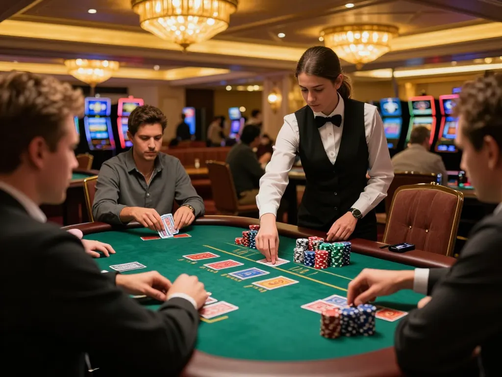 Players engaged at hitclub blackjack table, cards in action, vibrant casino atmosphere.
