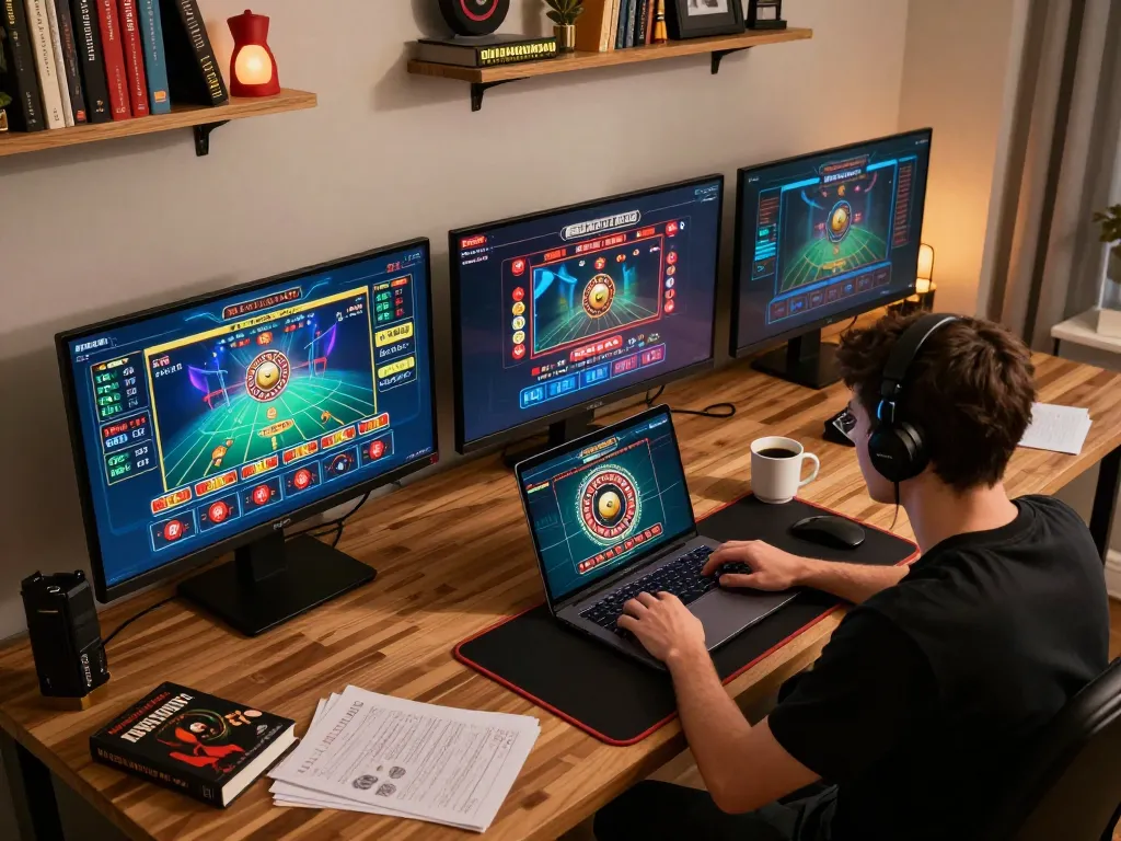 UGDEWA player engaging in online roulette with multiple screens displaying casino games