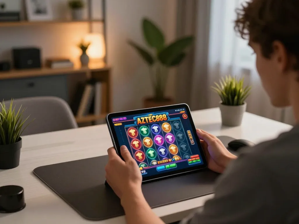 Player engaging with AZTEC888 online slots on a tablet in a modern home setup