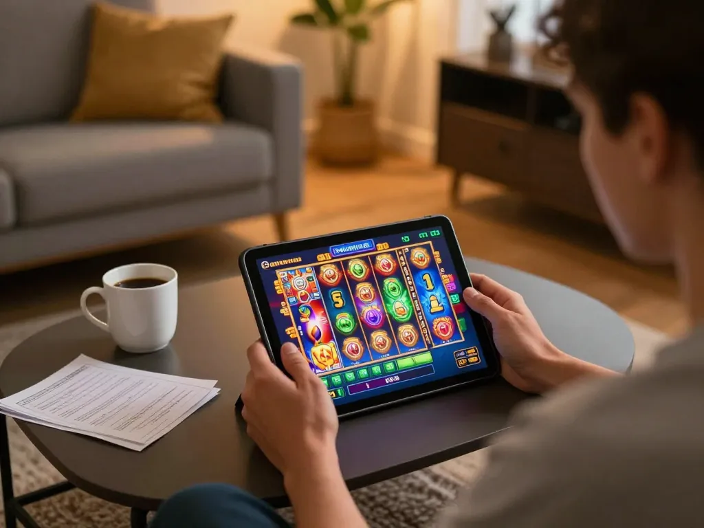Engage in thrilling gameplay at situs gacor with vibrant slot machine graphics on a tablet, cozy home atmosphere.