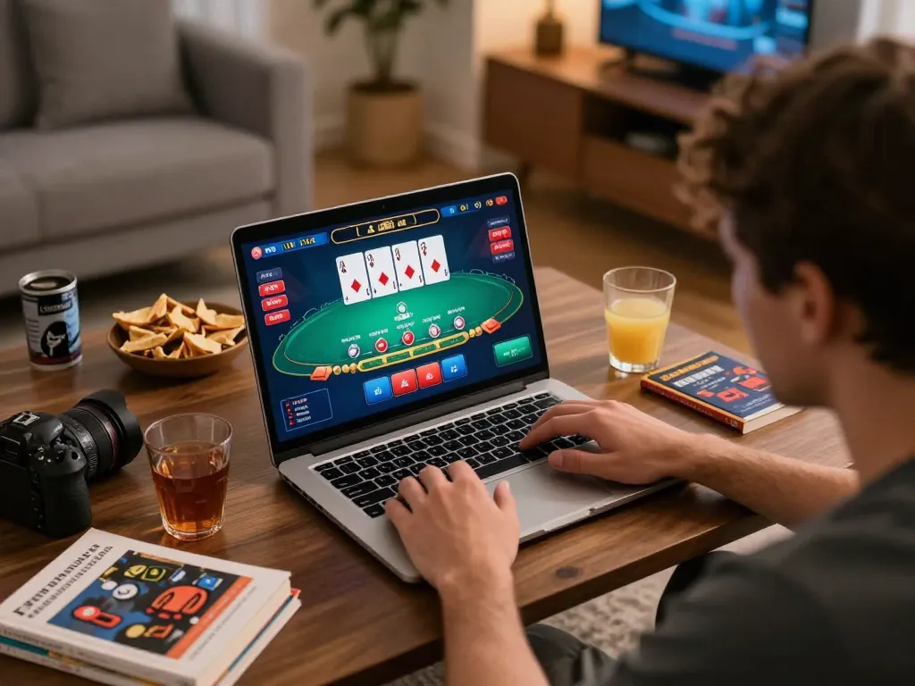 Sunwin blackjack gameplay on a laptop in a cozy home setting with snacks and strategy notes