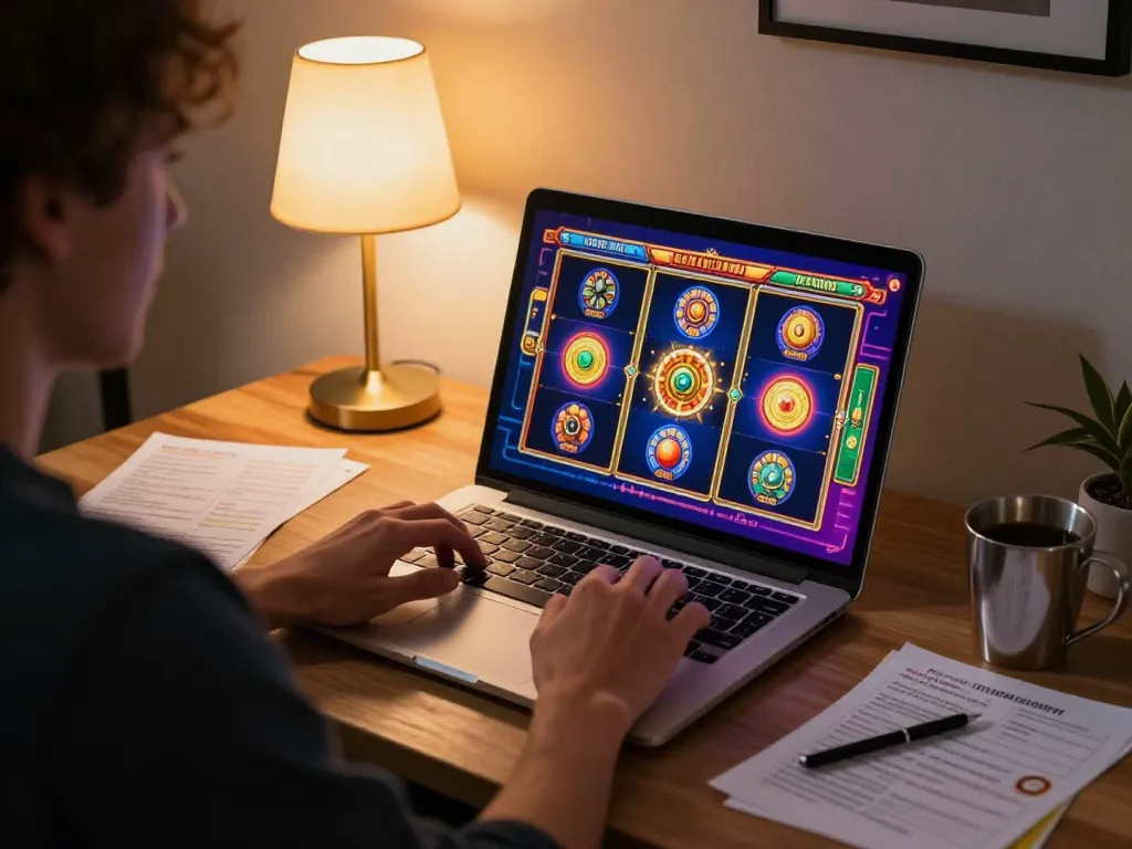 Player enjoying slot games at home using lc88 platform with lively graphics.