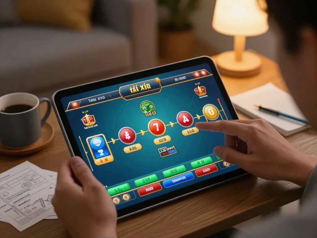 Tài xỉu online gaming session on tablet, player engaging in strategic bets in a cozy atmosphere
