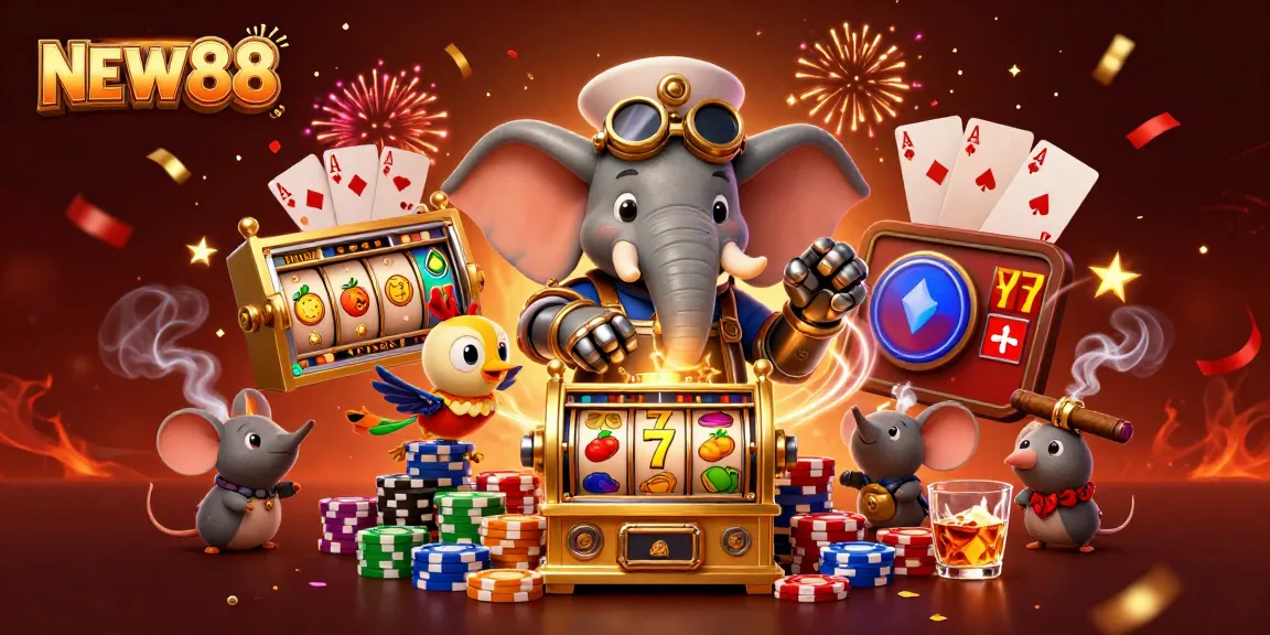 Engage in thrilling gameplay at NEW88 with a steampunk elephant operating an extravagant slot machine.