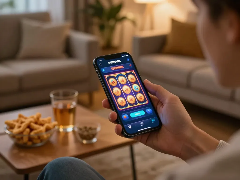 Engaging in mobile gambling with UGDEWA app on smartphone, showcasing easy access to slot games.