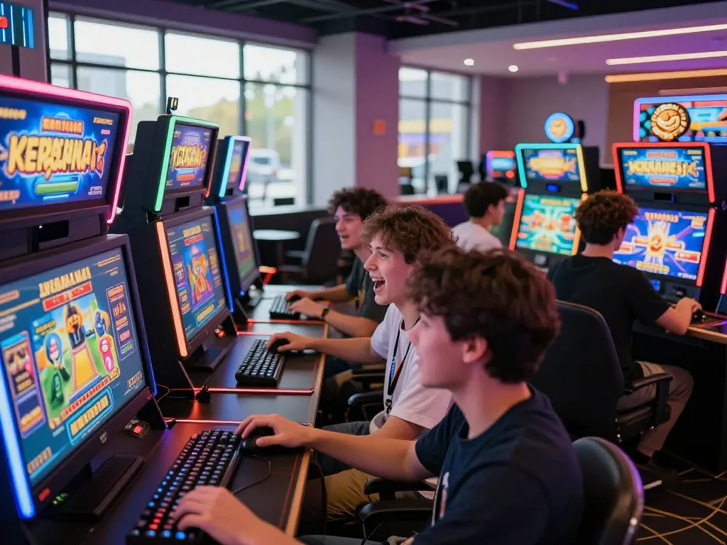 Active gaming scene with players enjoying kerajaanslot experience surrounded by vibrant gaming machines and lively atmosphere.