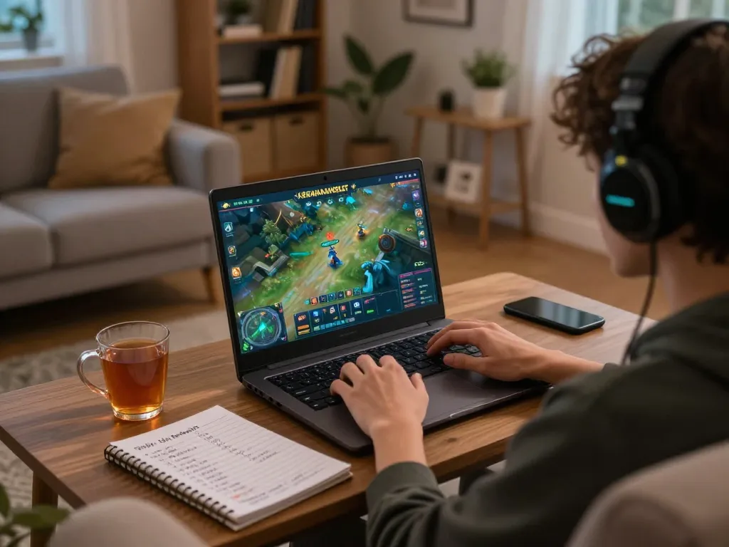 Engaging with kerajaanslot strategy on a laptop in a warm living room