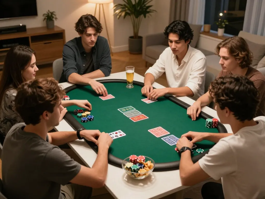 Toto hk players strategizing during an exciting home poker game with colorful chips and community cards.