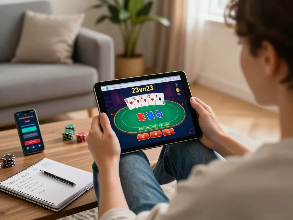 Engaging in poker gameplay on 23vn23 online casino app in a cozy home setting.