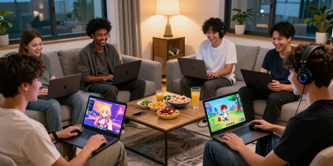 Players enjoying a hentai game in a cozy living room with vibrant graphics.