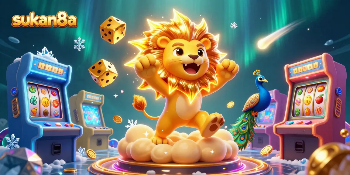 Sukan8a players spin colorful slots beside a roaring lion in an engaging casino illustration.