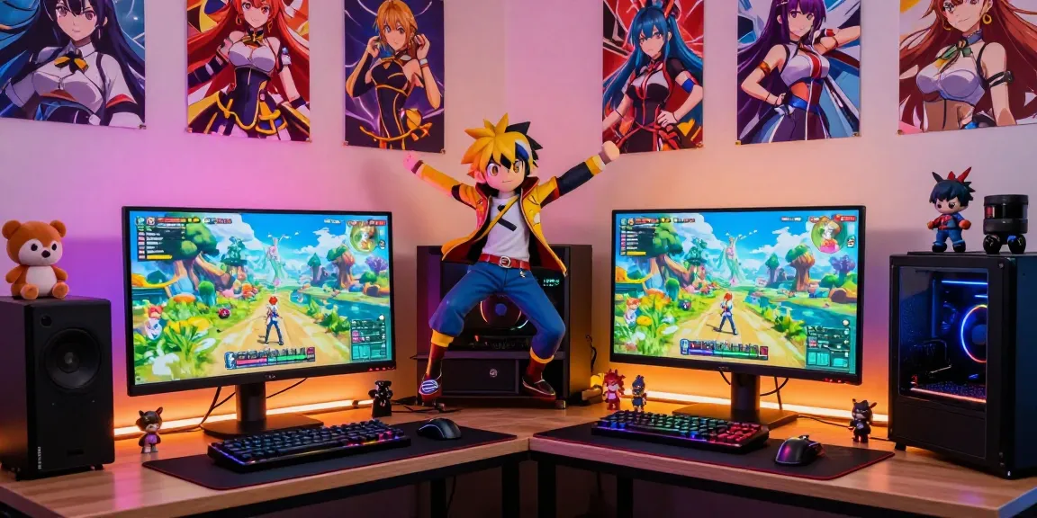 Engaging scene showcasing a vibrant hentai game setup with gaming gear and animated characters