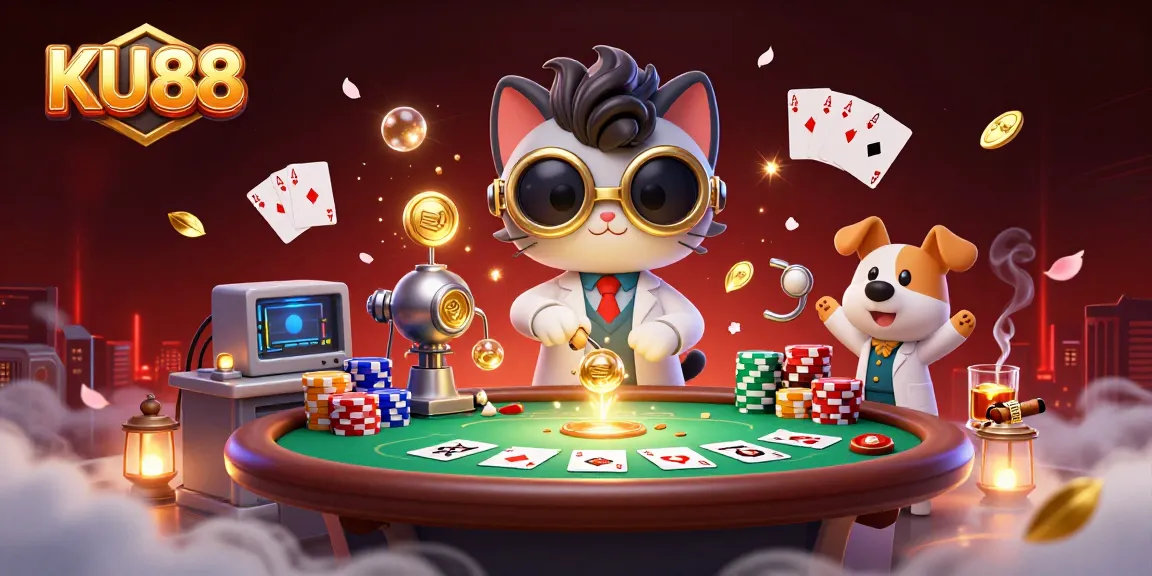 KU88 features a 3D cartoon mad scientist cat and dog in a lively casino scene, creating excitement.