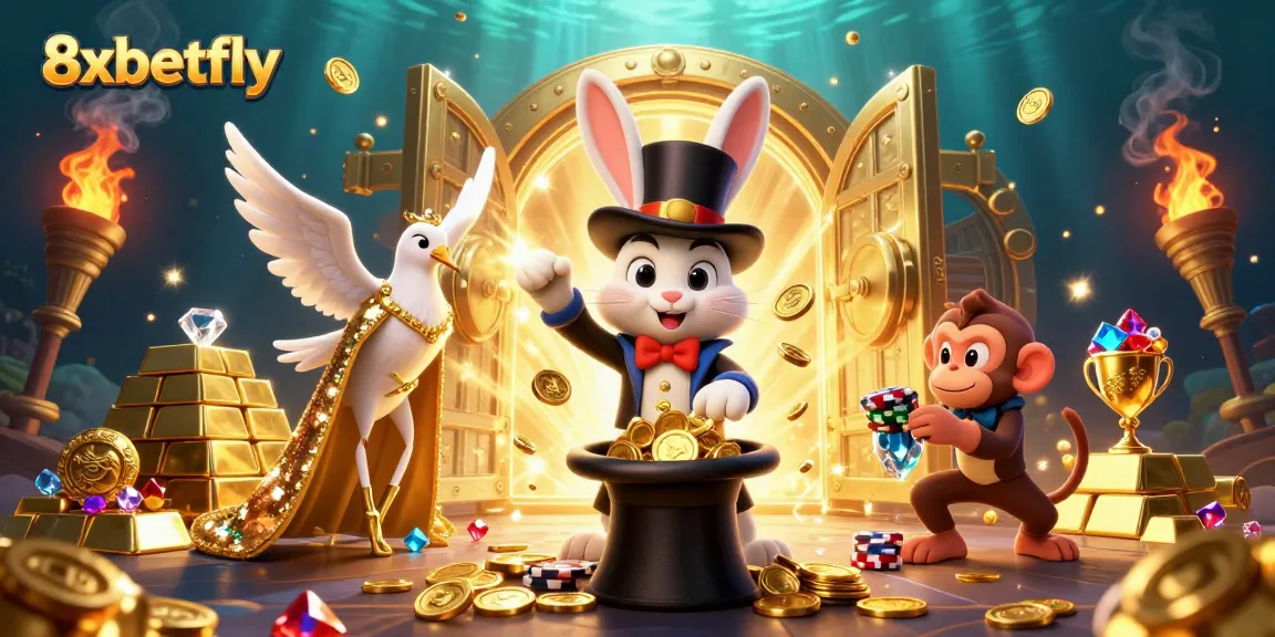 Celebrate wins at 8xbetfly with a vibrant scene showcasing a magician rabbit, dove, and monkey amidst gold coins and jewels.