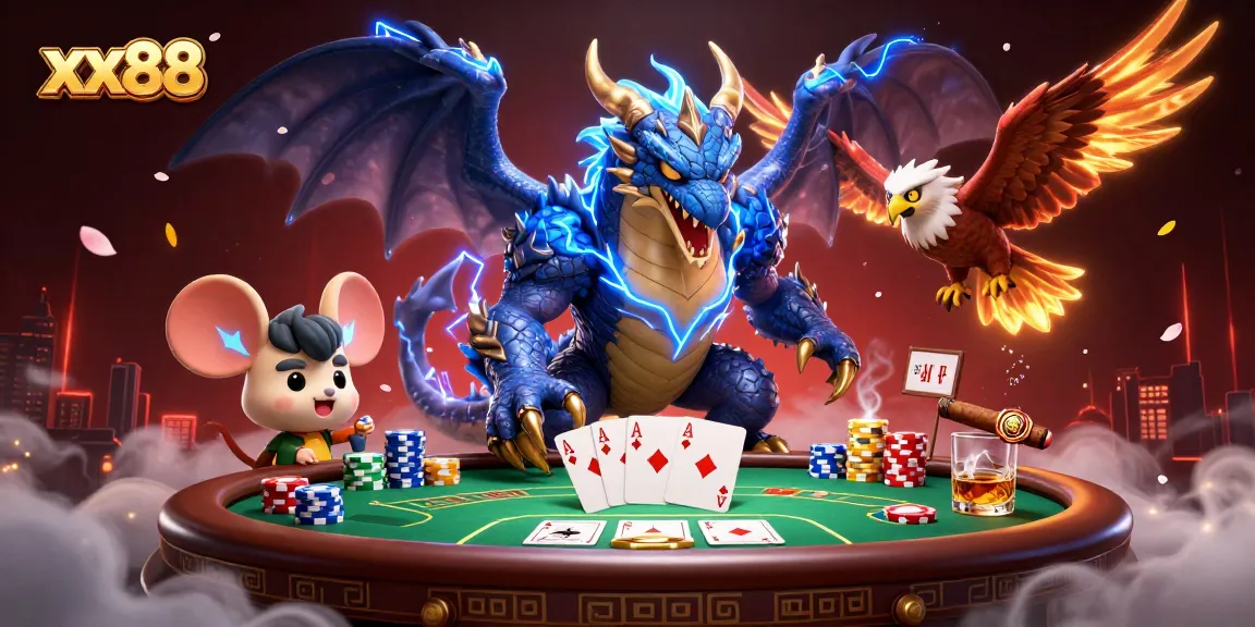 Experience thrilling poker action with xx88's electrifying 3D casino adventure illustration.