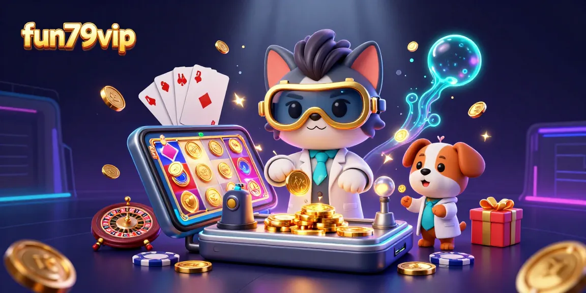 Win big at fun79vip with a vibrant 3D cartoon scene of a mad scientist cat and dog creating a gold-coin machine.