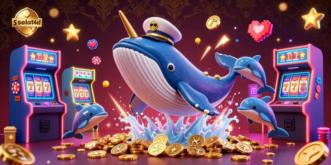 Experience the excitement of selat4d with a vibrant 3D casino scene featuring a whimsical whale and playful dolphins.