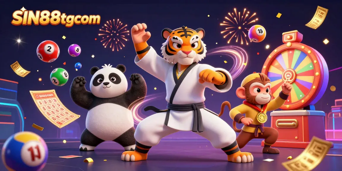 SIN88tgcom showcases a dynamic casino scene with a kung fu tiger in action, amid colorful lottery elements.