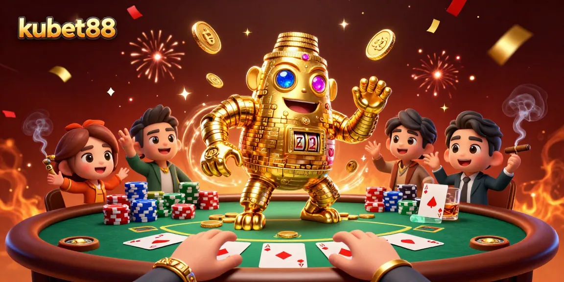 Spin and win with kubet88’s golden golem and poker-themed scene, celebrating casino excitement.