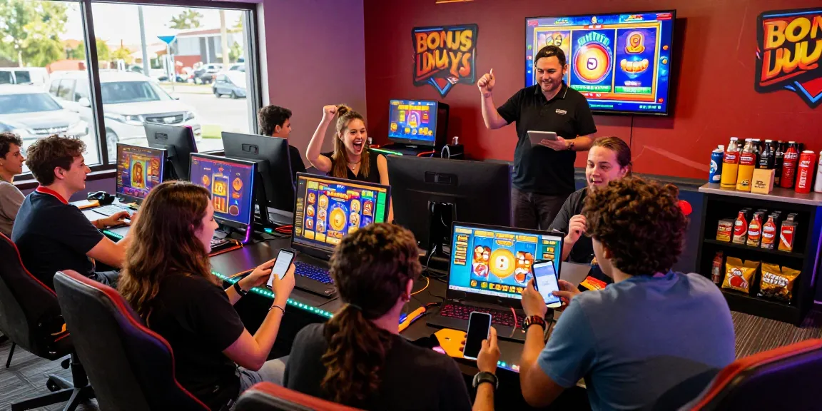 Bonus Buy Slots action at https://crownnorthill.co.uk/ with players enjoying thrilling gameplay in a colorful casino setting.