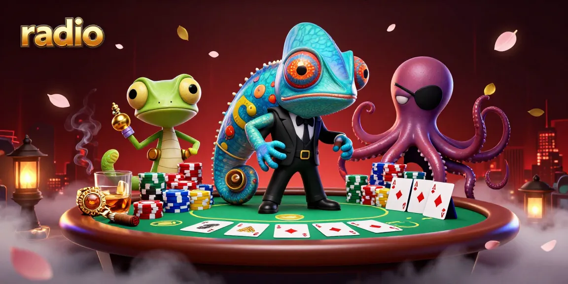 Experience radio gaming excitement with this vibrant casino scene featuring dynamic characters and poker elements.