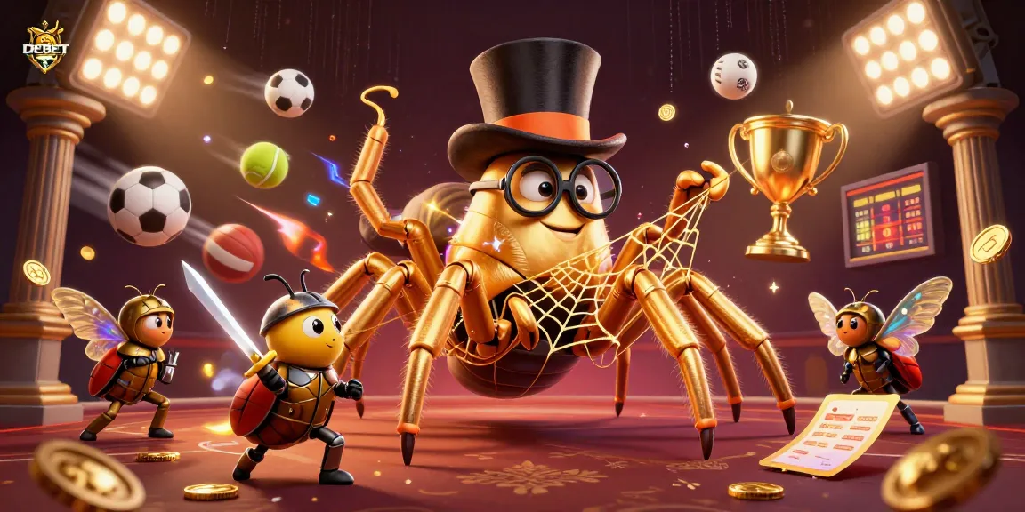 Bet dynamic sports events with DEBET featuring a golden tarantula, knight, and colorful game elements.