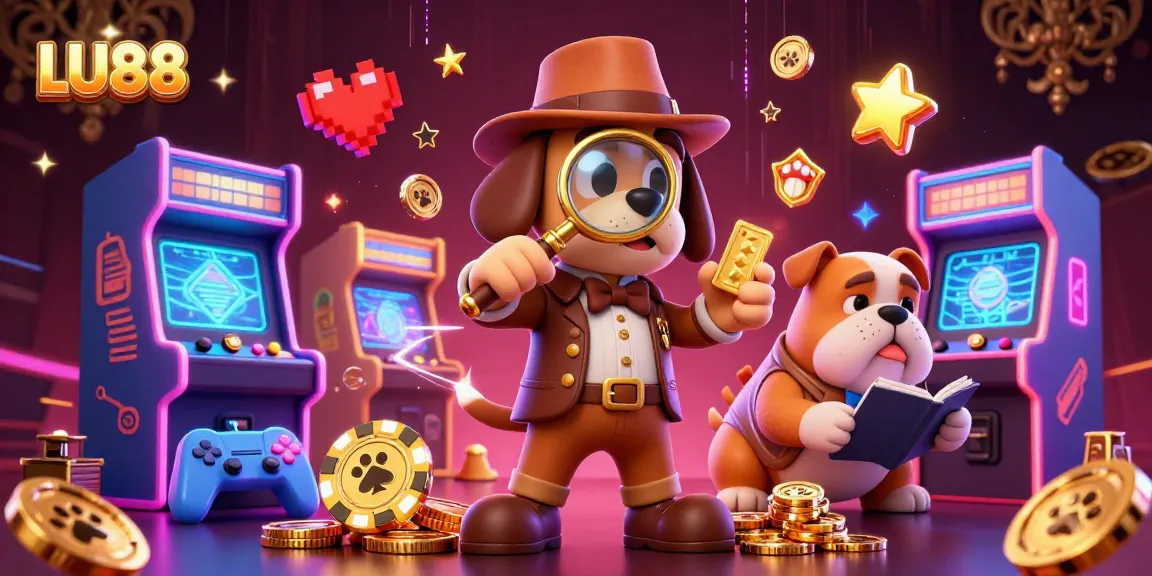 Play at LU88 and discover treasure with a cartoon detective and bulldog taking notes amidst vibrant casino game elements.