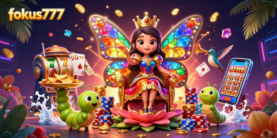 Experience excitement at fokus777 with vibrant 3D illustrations of online gaming elements.