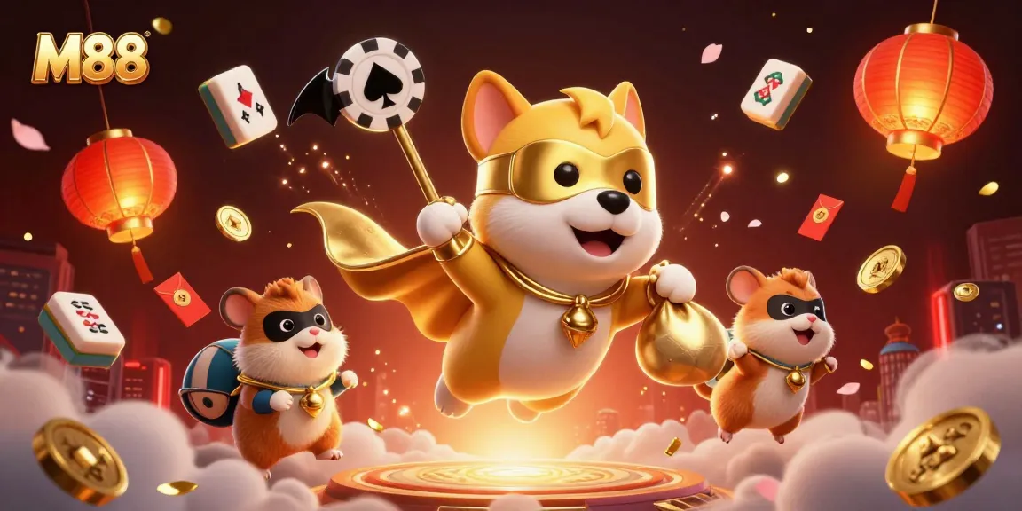Experience thrilling M88 gaming adventures with our superhero dog and hamster amidst rich casino elements.