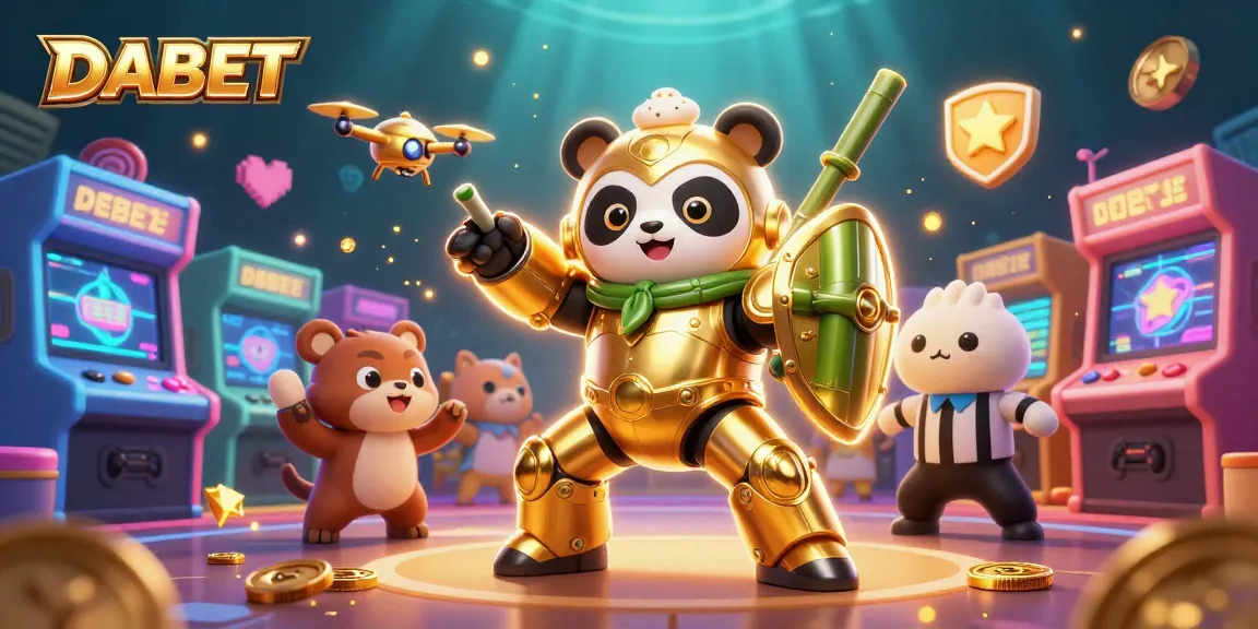 DABET players enjoy a vibrant casino scene with 3D characters and arcade machines in an electrifying arena