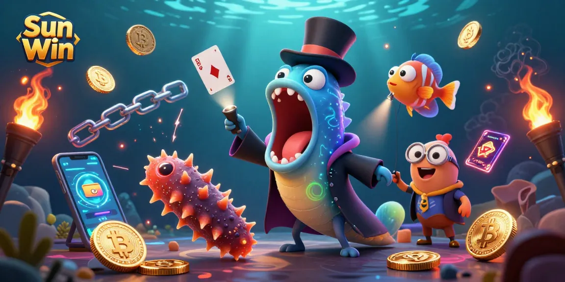 Sun Win showcases a vibrant underwater casino scene with animated characters performing tricks and crypto elements.