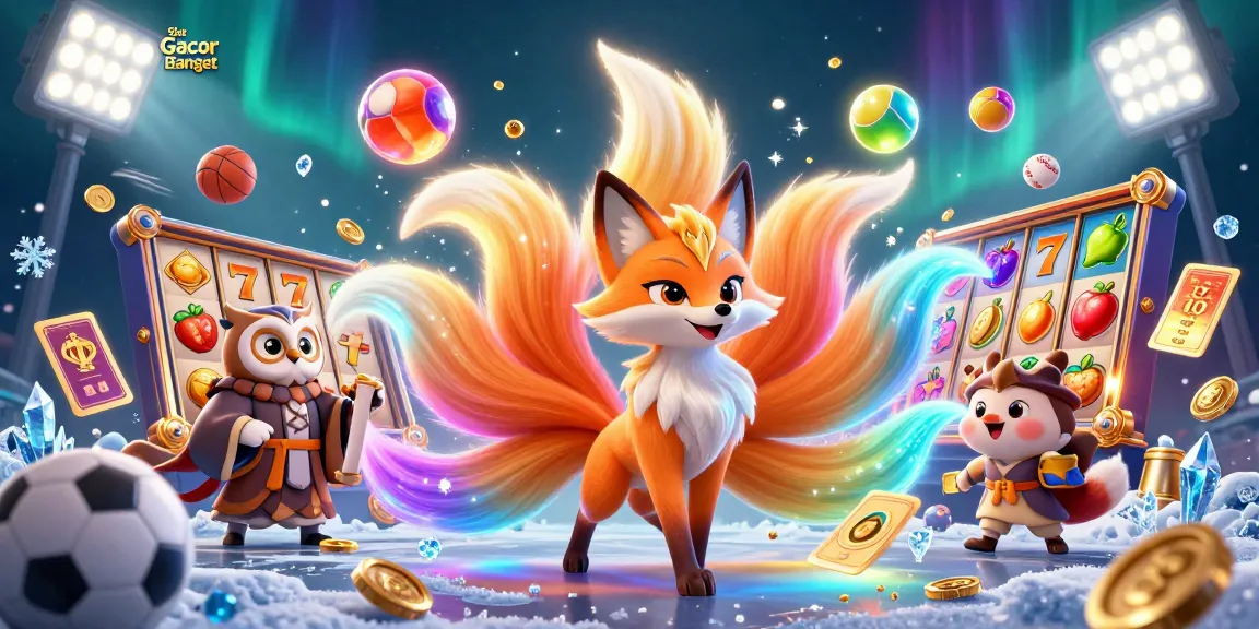 Spin the reels with Slot Gacor Banget, featuring a colorful fox spirit and an owl sage amid vibrant casino elements.