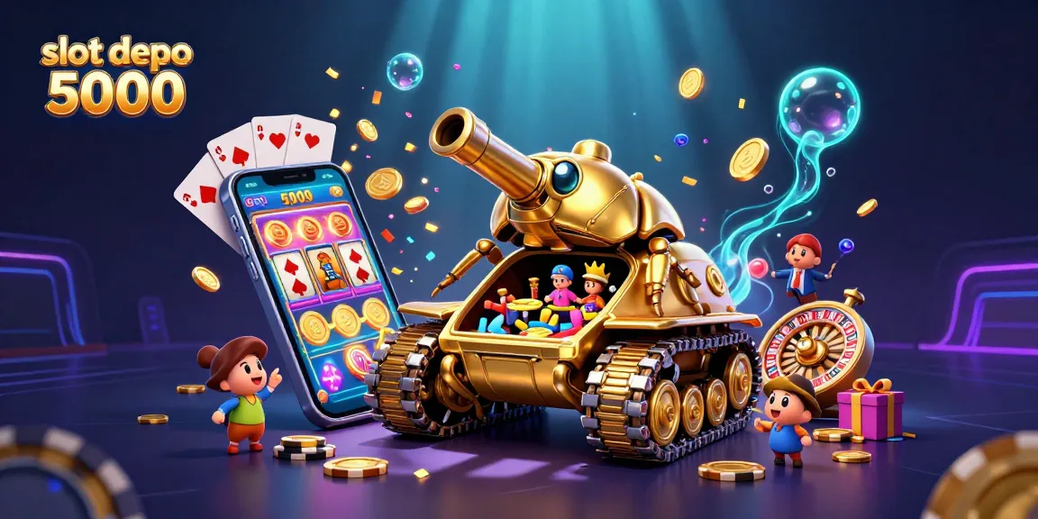 Try your luck with slot depo 5000 at this vibrant digital casino illustration with spinning reels and golden coins.