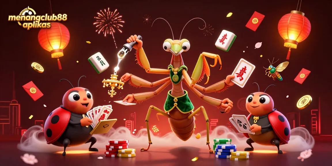 Engage with menangclub88 aplikas as the giant praying mantis card sharp shuffles winning chips and cards.