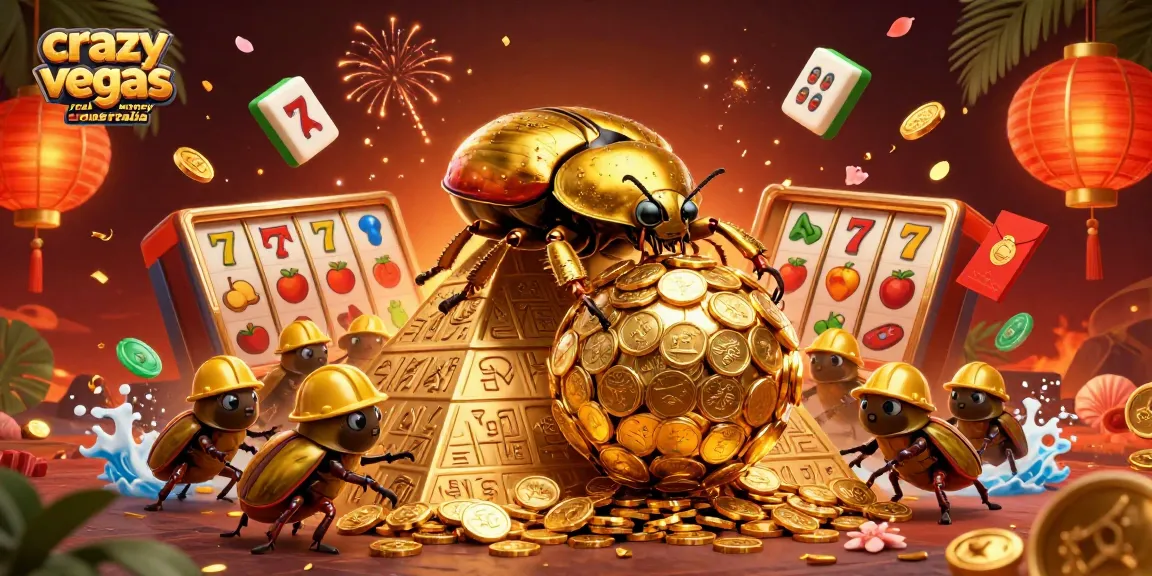 Engage with crazyvegas real money casinos australia, featuring golden beetles and slot reels in an energetic casino scene.